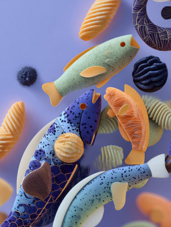 Colorful seafood shapes with unique geometric designs rest softly on a gentle purple backdrop, highlighting artistic interpretation of marine life.の素材