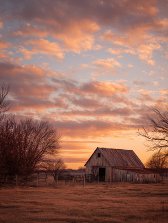 Golden sunlight illuminates a rustic barn while clouds scatter across the morning sky, creating a peaceful atmosphere in the countryside at dawn.の素材
