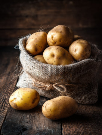 A burlap sack filled with fresh potatoes rests on a wooden floor, illuminated by warm light that enhances the natural textures and colors.の素材