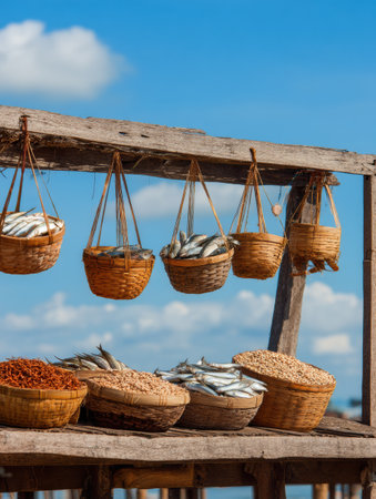 A wooden stall showcases various baskets filled with fresh fish, surrounded by a bright blue sky, creating an inviting atmosphere at a lively market.の素材