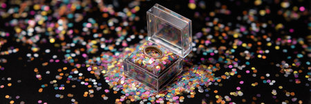 A clear box opens to reveal a stunning accessory, surrounded by a vibrant ring of confetti, creating a festive and celebratory atmosphere ideal for events.の素材