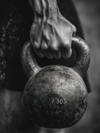 Strong hands clutch a heavy kettlebell, highlighting intense grip strength and focus during an outdoor workout. The atmosphere feels dynamic and powerful.の素材