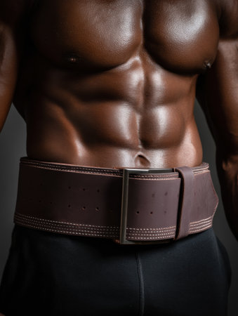 A powerlifting belt hugs the waist, highlighting defined abs during intense lifting, showcasing strength and dedication.の素材