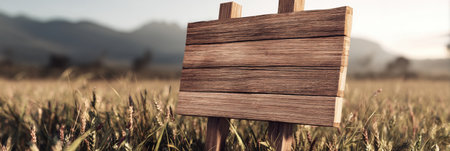 A rustic wooden farm sign stands on a field, surrounded by tall grass and a mountainous backdrop during the serene golden hour of evening.の素材