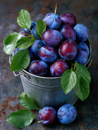 A collection of ripe plums fills a rustic metal bucket, accompanied by vibrant green leaves, sitting on a natural surface that adds texture.の素材