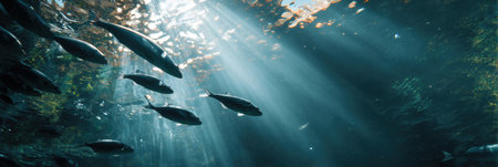 Fish move gracefully through clear water, surrounded by shimmering light reflections. Sunlight filters down, creating a tranquil underwater atmosphere.の素材