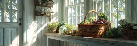 Sunlight streams through large windows onto a rustic farmhouse porch featuring a basket filled with vibrant produce.の素材
