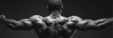 Back muscles are flexed prominently in black and white, emphasizing muscle tone and strength. The focus captures the essence of fitness and dedication.の素材