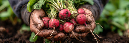 Hands covered in soil show a bunch of vibrant radishes just pulled from the earth, highlighting sustainable gardening and healthy food production in springの素材