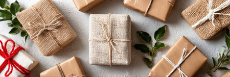 Multiple beautifully wrapped gifts are arranged artistically on a textured surface, leaving a clear area in the center for a heartfelt message or greeting.の素材