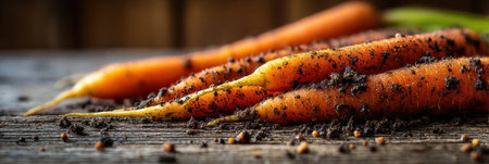 Close-up view of freshly picked carrots resting on a weathered wooden surface, showing the earthy dirt that clings to their vibrant skin.の素材