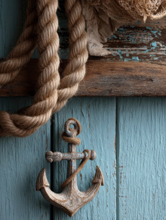Rustic decor featuring rope and an anchor alongside ample space for text about the days fresh seafood catch in a serene coastal environment.の素材