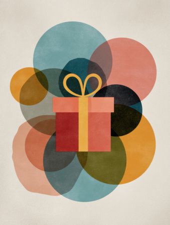 This graphic features a minimalist gift box icon centered on a soft abstract pattern with vibrant colors, creating a festive yet contemporary atmosphere.の素材