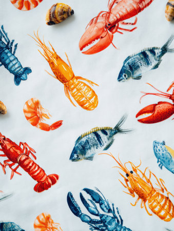 This apron showcases a bright seafood pattern with shrimp, lobster, and crab on a white background in playful designs.の素材