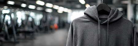 A gray hoodie is displayed on a hanger in a modern fitness club, showcasing gym equipment and a bright, energetic atmosphere.の素材