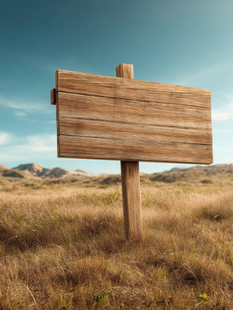A rustic wooden farm sign mockup sits prominently in a vast field, surrounded by tall grass and distant mountains under a clear blue sky at sunset.の素材
