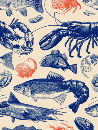A collection of detailed seafood illustrations showcases lobsters, fish, and shells in a harmonious design, perfect for various artistic applications.の素材