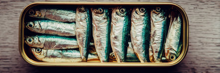 A retro-style box of sardines displays neatly arranged shiny fish, suggesting freshness and quality, perfect for gourmet dishes or snacking.の素材