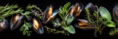Mussels are elegantly arranged with fresh herbs on a dark backdrop, emphasizing textures and colors that invite culinary exploration and creativity.の素材