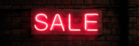 Bright neon sale sign illuminates dark brick wall, creating an eye-catching visual in an urban environment during nighttime, inviting shoppers to explore.の素材