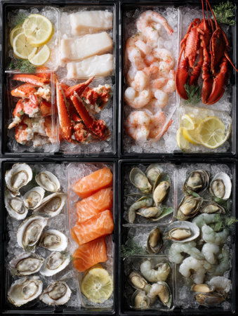 Colorful assortment of ice and seafood fills a market box, showcasing shrimp, lobster, salmon, oysters, and other fresh catches, ready for sale.の素材