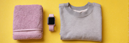 View of neatly arranged sportswear alongside a smartwatch and towel, all set on a vibrant yellow backdrop, perfect for post-workout relaxation and style.の素材