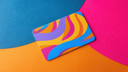 A gift card with bold and colorful patterns is displayed on an array of bright backgrounds, emphasizing its design and aesthetic appeal in an artistic setting.の素材