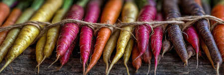 Freshly harvested carrots in various colors tied together with twine, showcasing a lively arrangement on a weathered wooden table, evoking a farm-to-table vibe.の素材