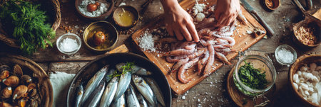 Hands skillfully prepare fresh seafood on a wooden board surrounded by a variety of ingredients, showcasing a vibrant and lively cooking atmosphere.の素材