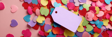 Brightly colored heart-shaped confetti is scattered across a pink surface, with a blank tag placed at the center, perfect for celebrations or decorations.の素材