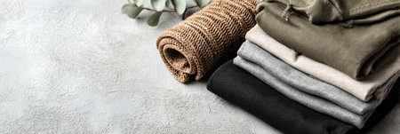 Workout clothes are folded neatly on a neutral surface with a touch of greenery, emphasizing organization and preparation for exercise activities.の素材