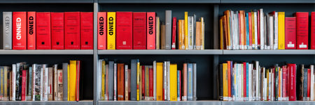 Library shelves show striking red banned books alongside standard volumes, emphasizing the theme of censorship affecting access to literature and ideas.の素材