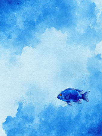 A solitary fish glides gracefully in a vivid blue watercolor setting, evoking peace and tranquility in an aquatic environment full of artistic expression.の素材