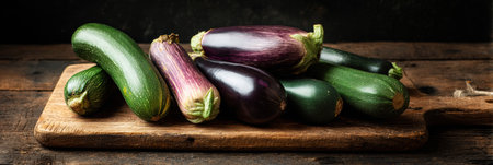 Vibrant eggplants and zucchinis rest on a weathered wooden cutting board, highlighting the rich colors and textures of seasonal produce.の素材