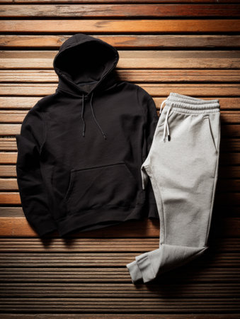 A black hoodie and gray joggers are carefully placed on a wooden bench, showing a minimalist look ideal for casual wear and relaxed environments.の素材
