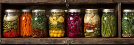 Colorful mason jars filled with various preserved vegetables are neatly placed on a wooden shelf, featuring an open space for new jars.の素材
