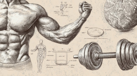 This hand-drawn fitness infographic features detailed sketches of muscles, a human figure, and various exercise equipment, perfect for education and motivation.の素材