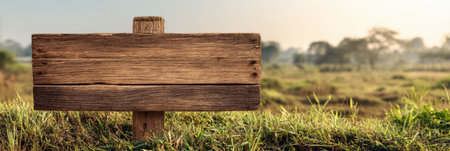 A rustic wooden farm sign mockup rests on vibrant grass in a serene field, illuminated by the gentle glow of the morning sun, surrounded by nature.の素材