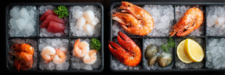 Various seafood items displayed on ice in a market box, showcasing shrimp, clams, and fish, creating a tempting selection for customers to choose from.の素材