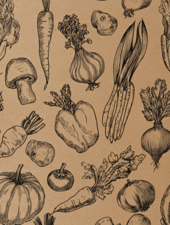 A collection of hand-drawn vegetables features various fresh produce elements set against a kraft paper backdrop, highlighting unique designs and textures.の素材