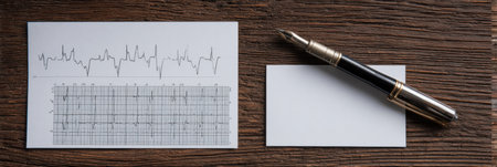 An ECG printout lies on a blank white desk, accompanied by a pen, suggesting a medical review or analysis taking place in a clinical settingの素材
