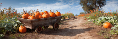 A rustic cart brimming with pumpkins rolls down a dirt path surrounded by lush greenery and blooming flowers under a bright, clear sky.の素材