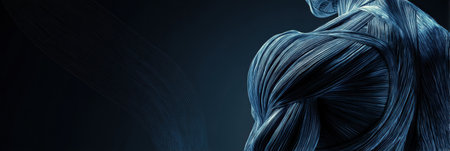 Dark blue abstract lines intricately illustrate muscle groups, creating a visual representation of human anatomys complexity and strength.の素材