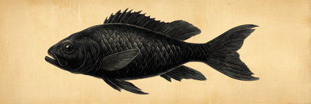 Silhouette of a black fish elegantly swimming over a textured parchment background, showing intricate details of fins and scales in a minimalist design.の素材