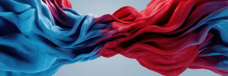 Abstract forms of blue and red ribbons intertwine elegantly with a central fade, showcasing fluid motion and harmony in design and color dynamics.の素材