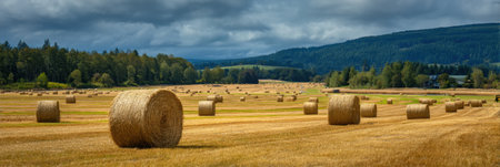 Hay bales dot the golden fields, while a tractor operates in the background amidst a rich landscape of rolling hills and vibrant greenery.の素材
