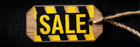 A wooden tag displaying the word sale in bold black and yellow caution style, alerting customers to discounts available at a retail locationの素材