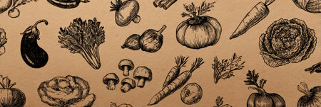 A collection of hand-drawn vegetables fills the kraft background with intricate details, celebrating the beauty of organic produce in a creative illustration.の素材