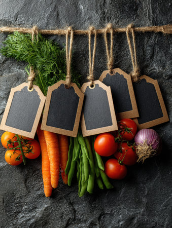 Fresh vegetables like tomatoes, carrots, and green beans are showcased with empty tags ready for labeling on a smooth chalkboard background.の素材