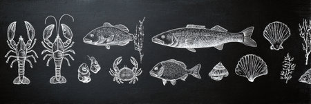 Chalk drawn seafood chart displaying lobsters, crabs, fish, and shells on a dark surface, showing a variety of marine life in an artistic composition.の素材